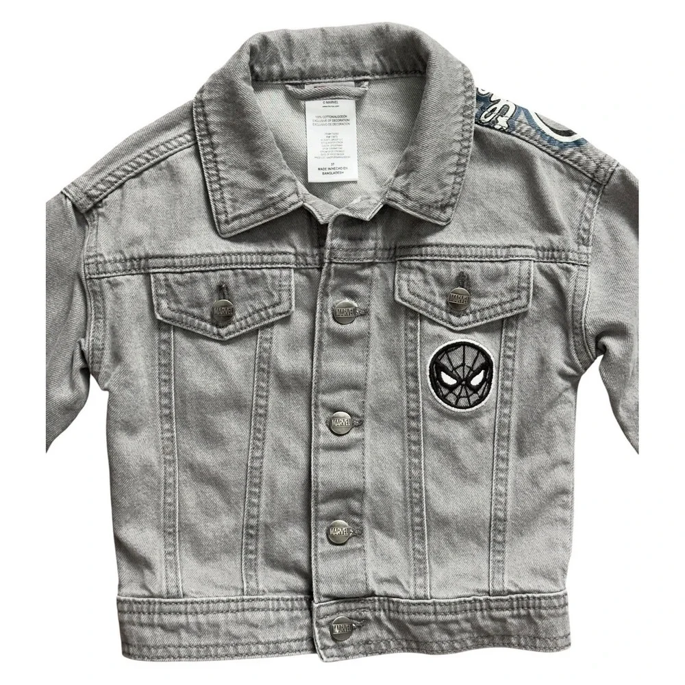 Marvel Spider-man Gray Denim Jacket Toddler Sz 3T Snap Closure With Pockets